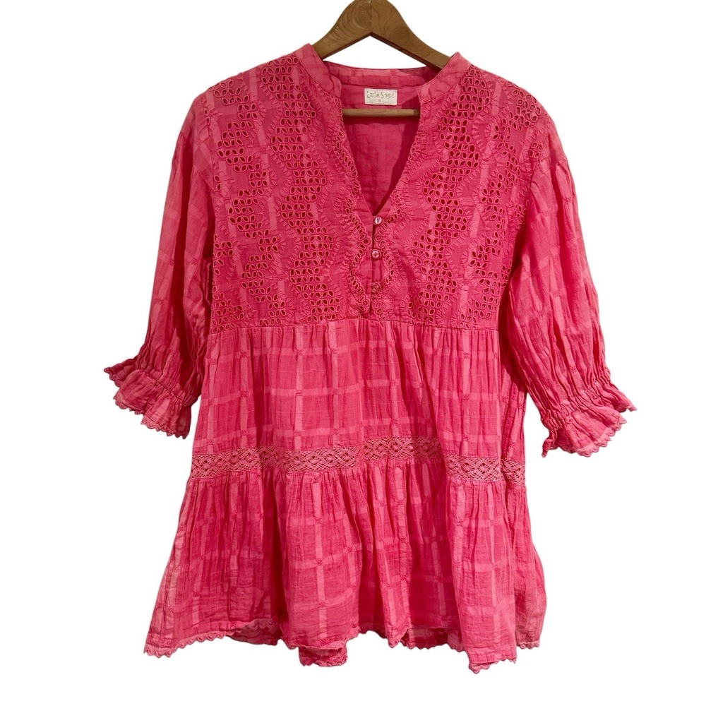 Lula Soul Women Small Pink Blouse Resort Wear Embroidered Flowy Beachy